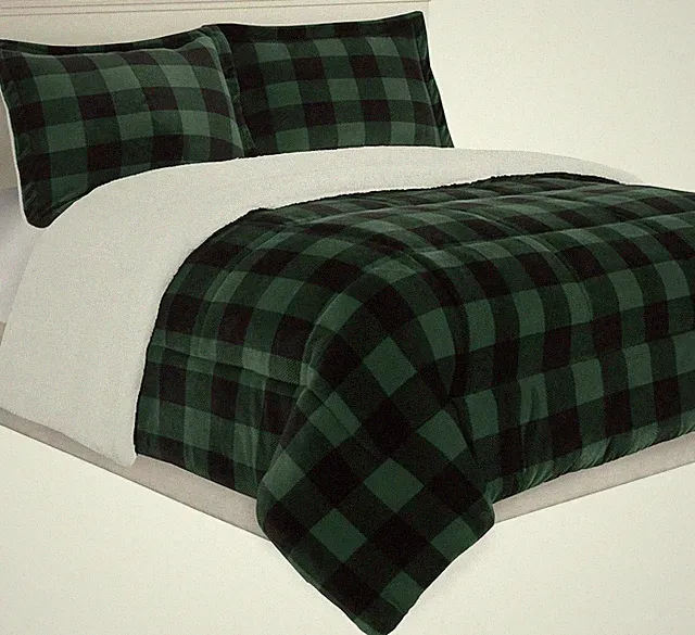 3-Piece Buffalo Plaid Comforter Set Queen Reversible Sherpa Micro-Suede Green