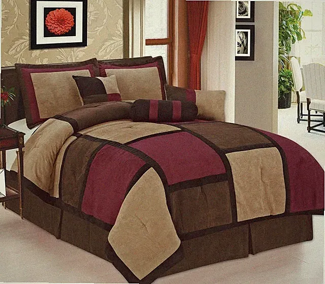 7 Pc Burgundy Brown & Beige Micro Suede Patchwork Twin Queen King Comforter Set