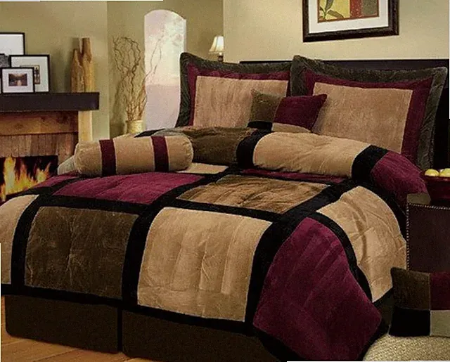 7 Pc Queen Bed in a Bag Comforter Set Burgundy Brown Black Micro Suede