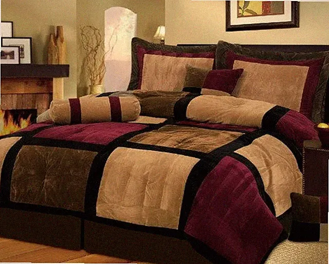 7 Piece Burgundy Brown Queen Comforter Set Bed in a Bag Micro Suede