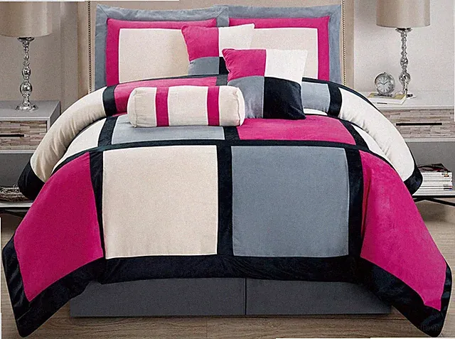 7-Piece King Bedding Set, Pink & Grey Micro Suede Comforter Set