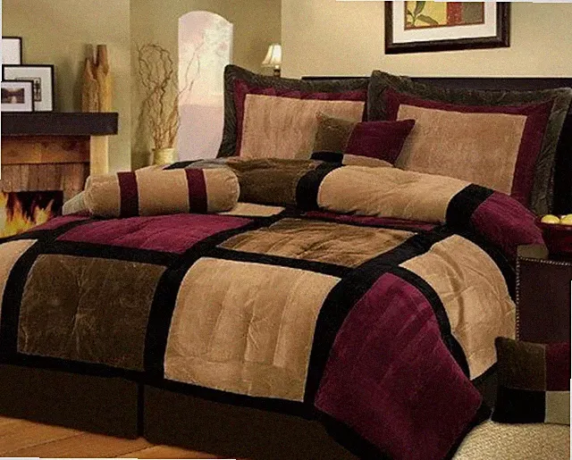 7 Piece Queen Comforter Set Burgundy Brown Black Micro Suede Bedding