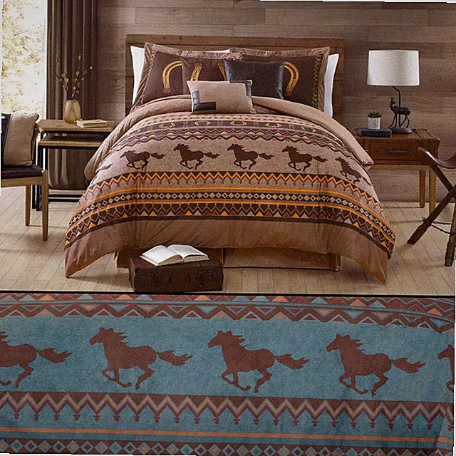 7pcs Cabin Lodge Western Wild Horses Microsuede Comforter Set Turquoise or Brown