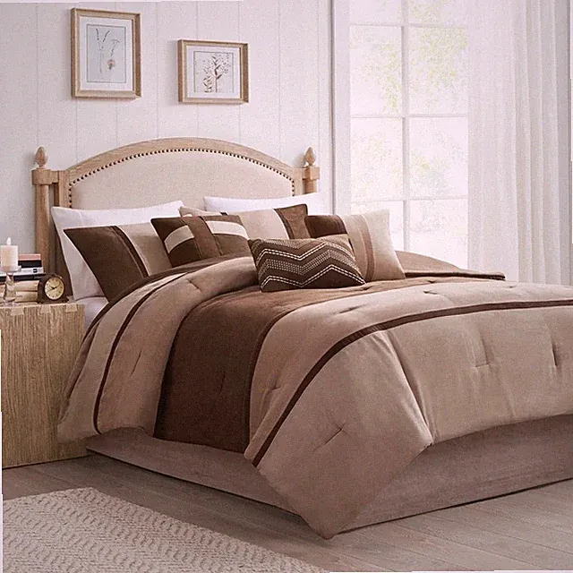 Beige Chocolate Brown Stripes Color Block 7 pc Comforter Set Queen Cal King Bed