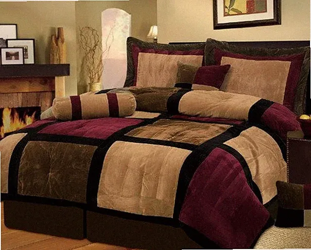 Burgundy & Brown Queen Comforter Set with Pillows - 7 Piece Micro Suede Set
