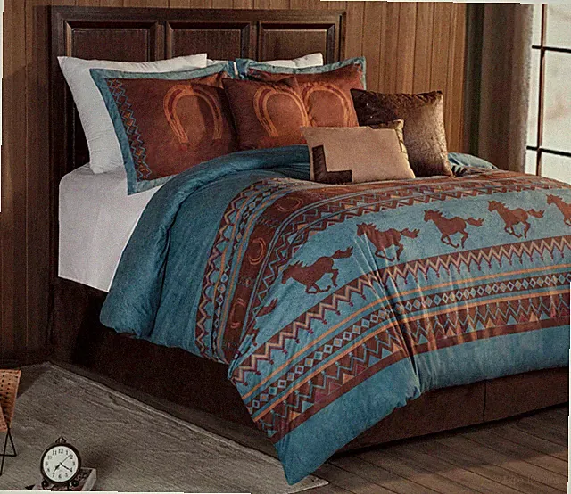 Chezmoi Collection 7-Piece Southwestern Wild Horses Comforter Set, Turquoise
