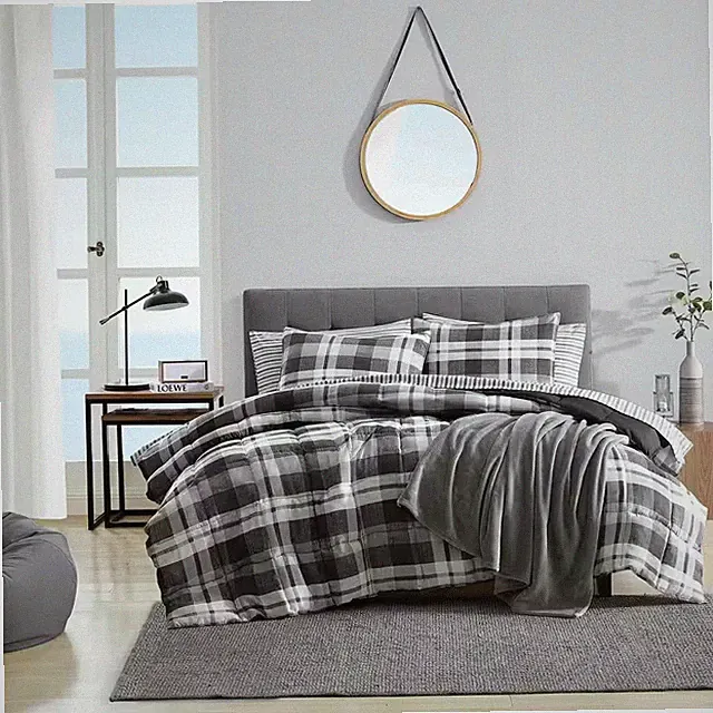 Crossview Plaid 3-Piece Charcoal Gray Microsuede Full/Queen Comforter Set
