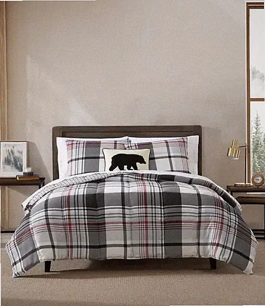 Eddie Bauer Normandy Plaid Black Microsuede Reversible Duvet Cover Set Twin NEW