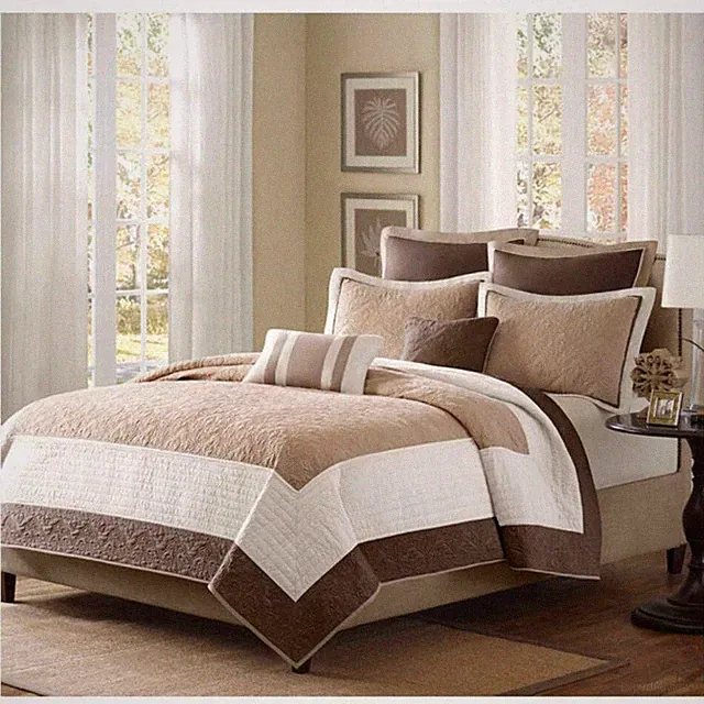 Full / Queen Brown Ivory Tan Cream 7 Piece Quilt Coverlet Bedspread Set