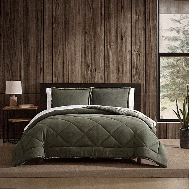 King Comforter Set, Solid Microsuede Bedding with a Plaid Ultra-Plush Faux