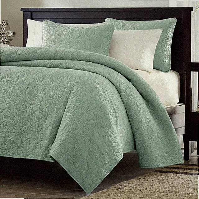King size Seafoam Green Blue Coverlet Set with Quilted Floral Pattern