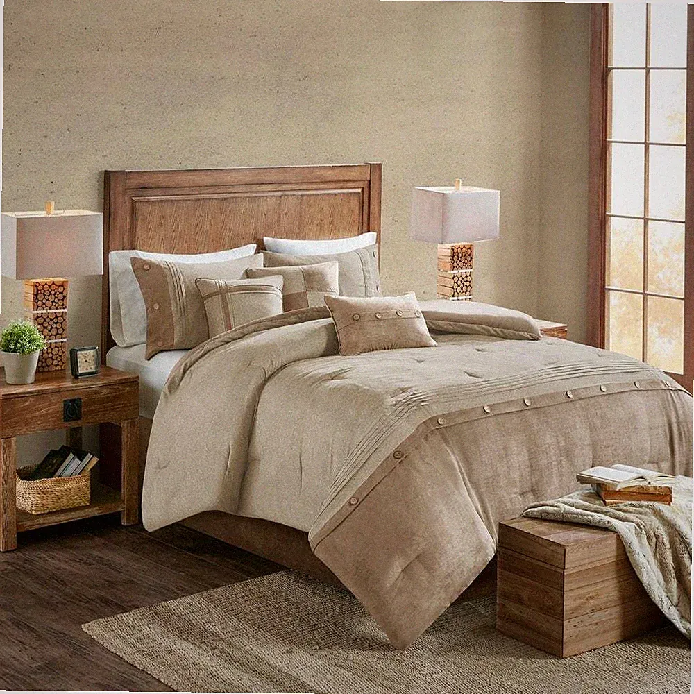 Neutral Beige Tan Microsuede Earth Tone 7pc Comforter Set Queen Cal King Bedding