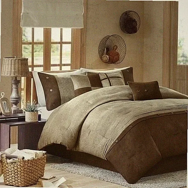 Queen Cal King Bed Brown Taupe Microsuede Earth Tones 7 pc Comforter Set Bedding