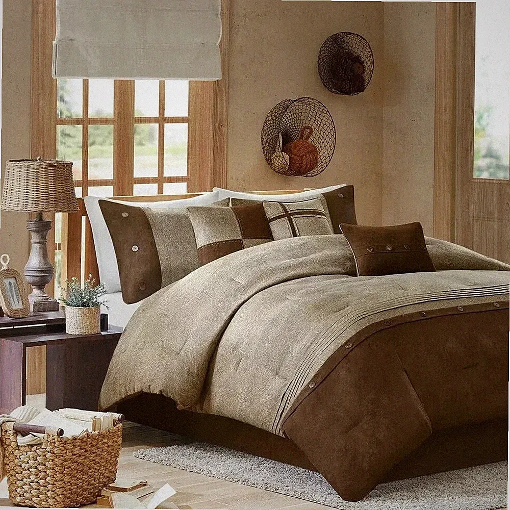 King Size Bedding Comforter Set Brown 7 Piece Rustic Cabin Farm Lodge Warm Cozy