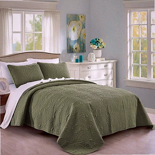 Quilt Set Full/Queen Size Olive Green - Oversized Bedspread - Soft Microfiber...