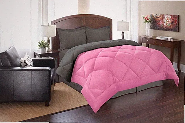 Reversible 3pc Comforter Set, FullQueen Pink Gray Warmth and Breathability Soft